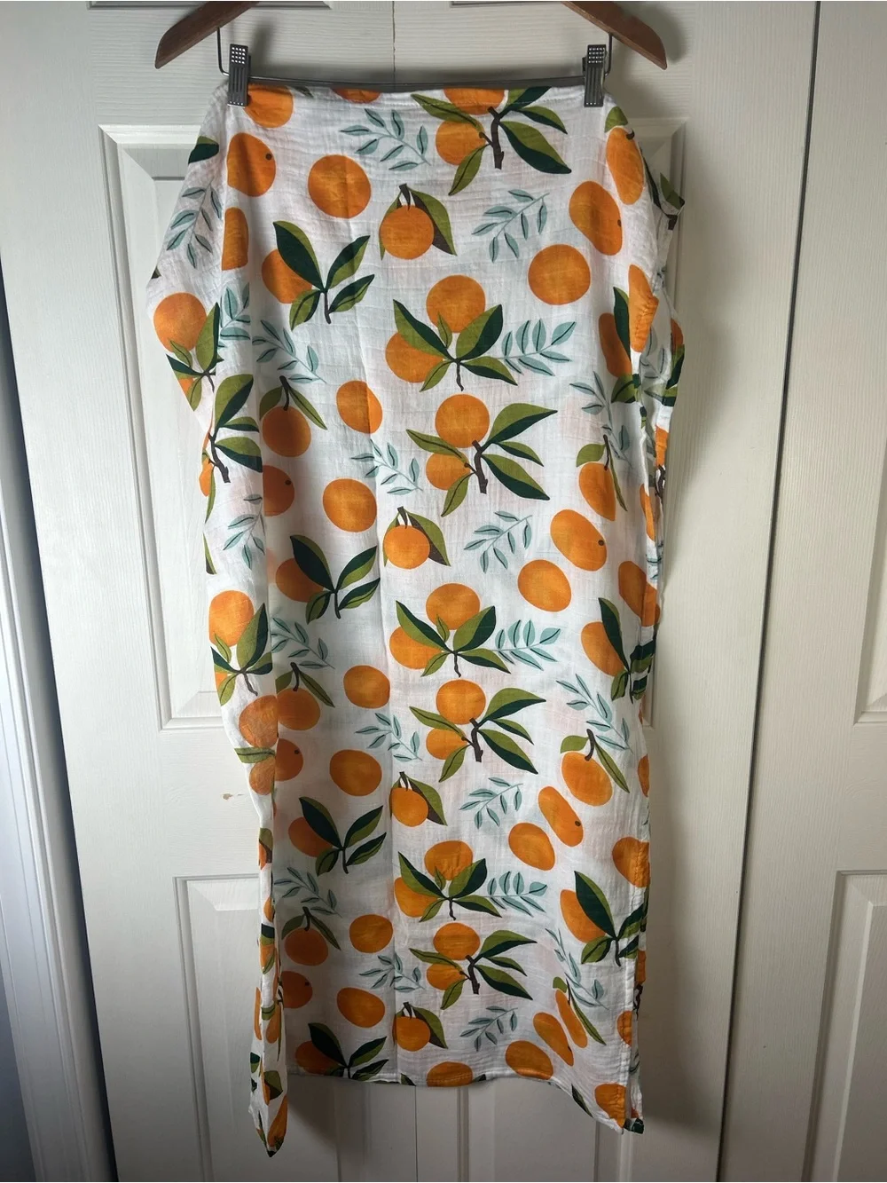 Oranges Baby Swaddle Blanket White Green Leaves Blue Muslin Citrus Fruit Leaf
